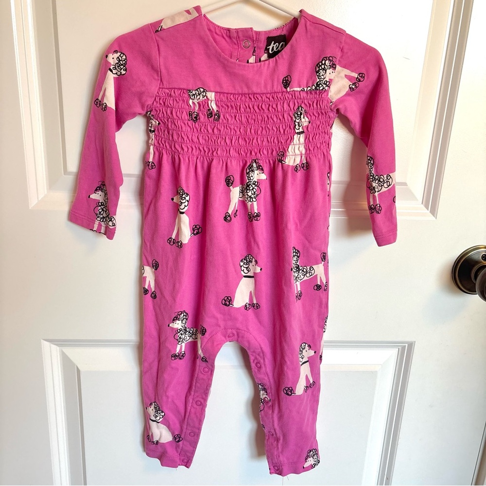 Tea Collection Pink Poodle Smocked Chest Baby Romper - Size 9-12M